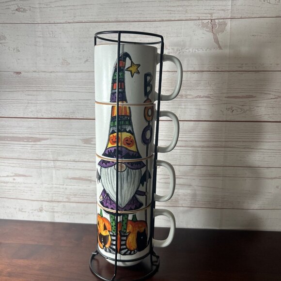 Cobwebs & Cauldrons stackable mugs HALlOWEEN Gnome Set of 4 Coffee tea coca cups - Picture 4 of 8